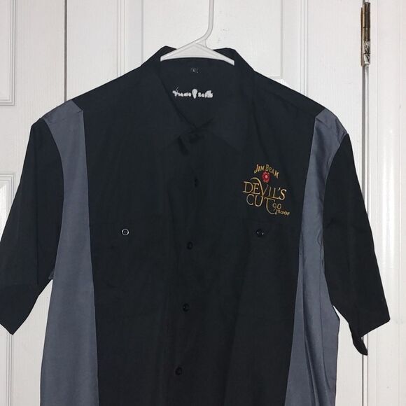 Jim Beam Devils cut 90 proof button down black and gray short sleeve shirt  Sz L - Picture 3 of 7